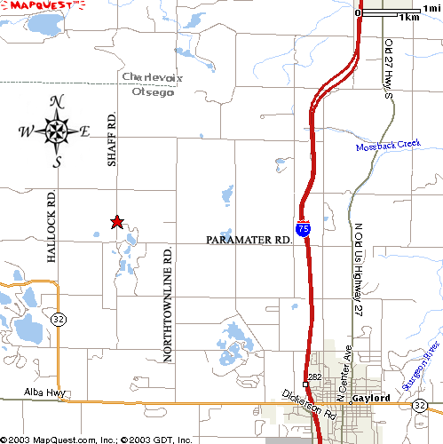 Map to Porcupine Lake Cottage Rental Property in Gaylord, Michigan. Image courtesy of mapquest.com